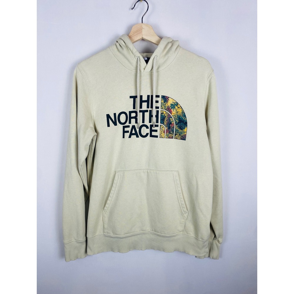 The North Face Mens Floral‎ Graphic Logo Hoodie Beige Khaki Pullover Small